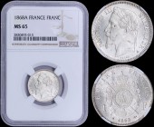 FRANCE: 1 Franc (1868 A) in silver (0,835) with head of Napoleon III facing left. Crowned and mantled Arms divide value above date on reverse. Inside ...