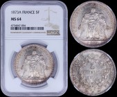 FRANCE: 5 Francs (1873 A) in silver (0,900) with Hercules group. Denomination and date within wreath on reverse. Inside slab by NGC "MS 64". (KM 820.1...