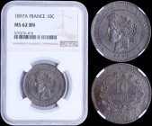 FRANCE: 10 Centimes (1897 A) in bronze with laureate head of Liberty facing left. Denomination within wreath on reverse. Inside slab by NGC "MS 62 BN"...
