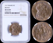 FRANCE: 5 Centimes (1917) in bronze with head of Liberty facing right. Republic protecting her child, denomination at right and date below. Inside sla...