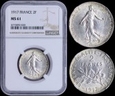 FRANCE: 2 Francs (1916) in silver (0,900) with figure sowing seed. Leafy branch divides date and denomination on reverse. Inside slab by NGC "MS 61". ...