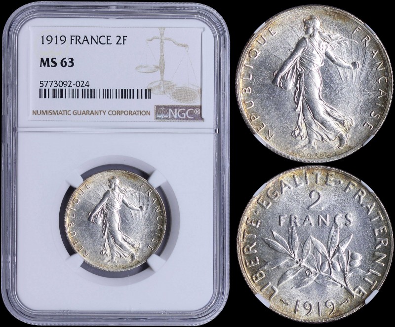 FRANCE: 2 Francs (1919) in silver (0,900) with figure sowing seed. Leafy branch ...