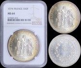 FRANCE: 50 Francs (1974) in silver (0,900) with Hercules group. Denomination within wreath. Inside slab by NGC "MS 64". (KM 941.1).