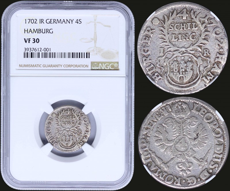 GERMAN STATES / HAMBURG: 4 Schilling (1702 IR) in silver with value between two ...