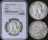 GERMAN STATES / PRUSSIA: 3 Mark (1908 A) in silver (0,900) with head of Wilhelm II facing right. Crowned imperial eagle with shield on breast on rever...
