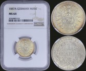 GERMANY: 1 Mark (1887 A) in silver (0,900) with denomination within wreath. Crowned imperial eagle on reverse. Inside slab by NGC "MS 64". (KM 7).
