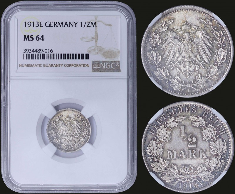 GERMANY: 1/2 Mark (1913 E) in silver (0,900) with denomination within wreath. Cr...