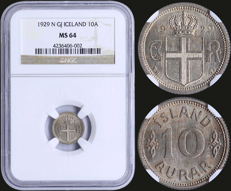 ICELAND: 10 Aurar (1929 N GJ) in copper-nickel with ornaments flank denomination...