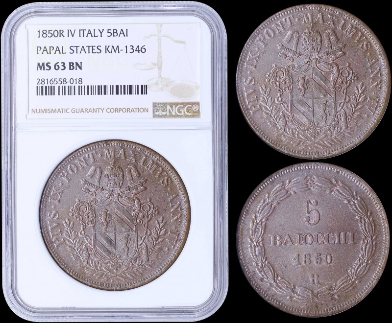 ITALIAN STATES / PAPAL STATES: 5 Baiocchi (1850 IV R) in copper with Papal arms....