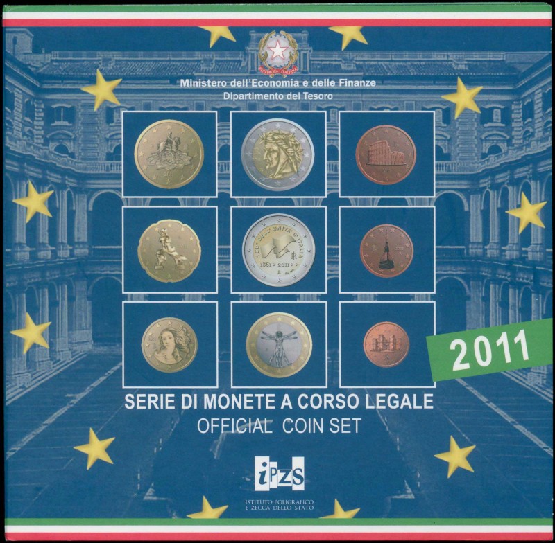 ITALY: Euro coin set including 1 Cent to 2 Euro + 2 Euro commemorating the 150th...