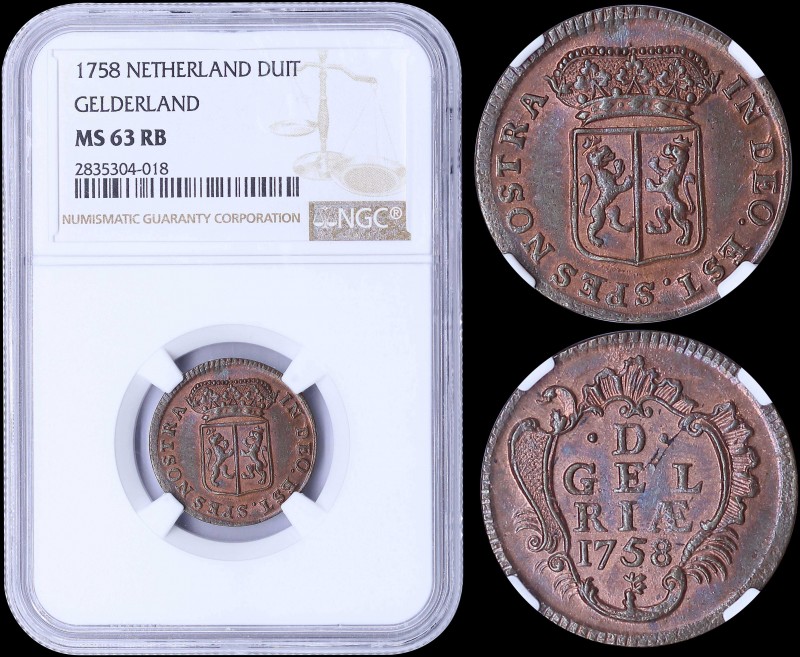 NETHERLANDS / GELDERLAND: 1 Duit (1758) in copper with crowned Arms of Gelderlan...