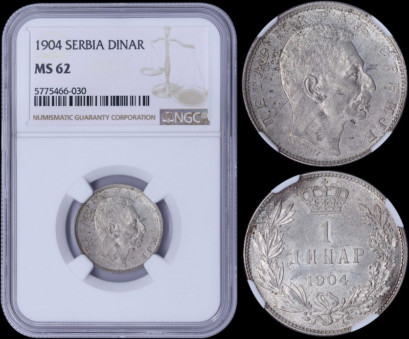 SERBIA: 1 Dinar (1904) in silver (0,835) with head of Peter I facing right with ...