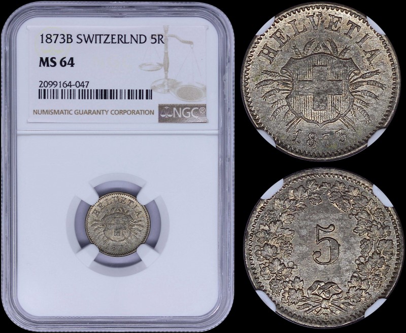 SWITZERLAND: 5 Rappen (1873 B) in billon with shield in center of oat sprigs. Va...