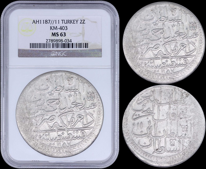 TURKEY: 2 Zolota [AH1187//11 (1785)] in billon. Variety: Large ornament above "A...