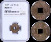 FRENCH COCHIN CHINA: 2 Sapeque (1879 A) in bronze with square hole at center. Inside slab by NGC "MS 65 BN". (KM 2).