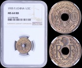 FRENCH INDOCHINA: 1/2 Cent (1935) in bronze with center hole divides RF and Liberty cap above wreath surrounds. Denomination divided by grain sprigs a...