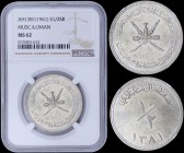 MUSCAT & OMAN: 1/2 Saidi Rial [AH1381 (1961)] in silver (0,500) with Arms. Value on reverse. Inside slab by NGC "MS 62". (KM 34).