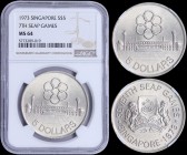 SINGAPORE: 5 Dollars (1973) in silver (0,500) with Arms with supporters. Games logo above stadium on reverse. Inside slab by NGC "MS 64 - 7TH SEAP GAM...