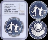 SOUTH KOREA: 10000 Won (1988) in silver (0,925) with Arms above floral spray. Soccer players on reverse. Series: 1988 Olympics. Inside slab by NGC "PF...