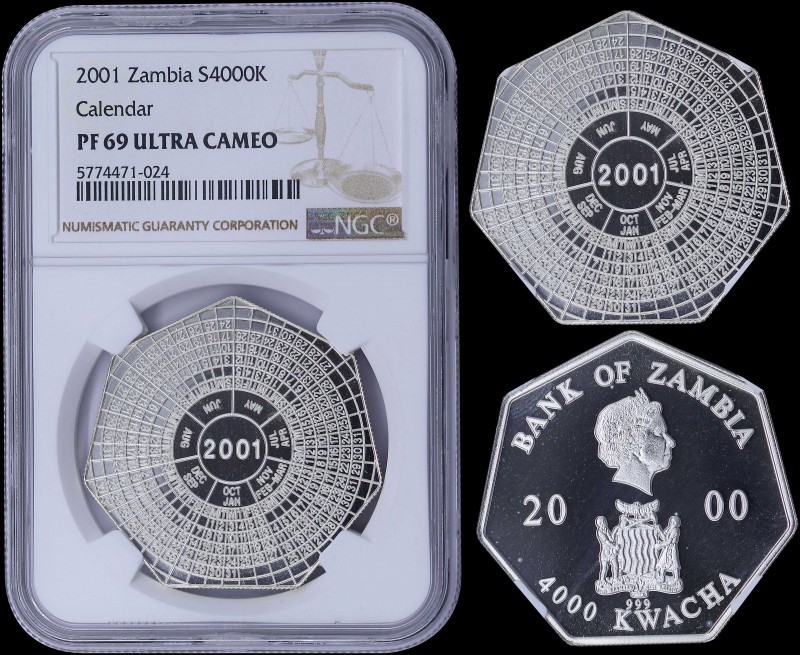 ZAMBIA: 4000 Kwacha (2000) in silver (0,999) with head of Queen Elizabeth II wit...