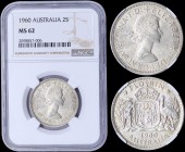 AUSTRALIA: 2 Shillings (1960) in silver (0,500) with head of Queen Elizabeth II facing right. Arms on reverse. Inside slab by NGC "MS 62". (KM 60).
