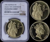 AUSTRALIA: 5 Dollars (1990) in aluminum-bronze commemorating the Anzac 75th anniversary with head of Queen Elizabeth II facing right. Simpson and his ...
