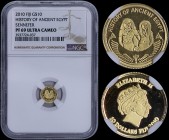 FIJI: 10 Dollars (2010) in gold (0,999) with head of Queen Elizabeth II facing right. Sennefer (male and female statues) on reverse. Inside slab by NG...