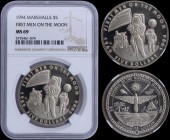 MARSHALL ISLANDS: 5 Dollars (1994) in copper-nickel commemorating the first men on the moon with Arms. American astronauts placing US flag on moon on ...