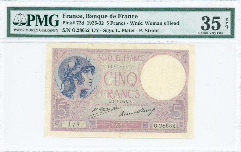 FRANCE: 5 Francs (1.7.1927) in lilac with woman wearing helmet at left. S/N: "O....