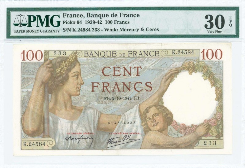 FRANCE: 100 Francs (2.10.1941) in brown and multicolor with woman and child with...