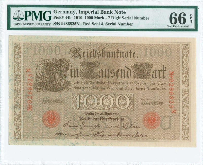 GERMANY: 1000 Mark (21.4.1910) in brown. Red 7-digit S/N: "9286825N". Inside hol...