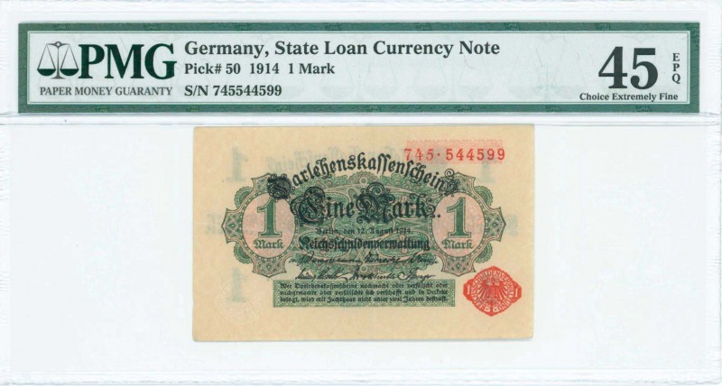 GERMANY: 1 Mark (12.8.1914) in black on light green and lilac unpt. Red S/N: "74...