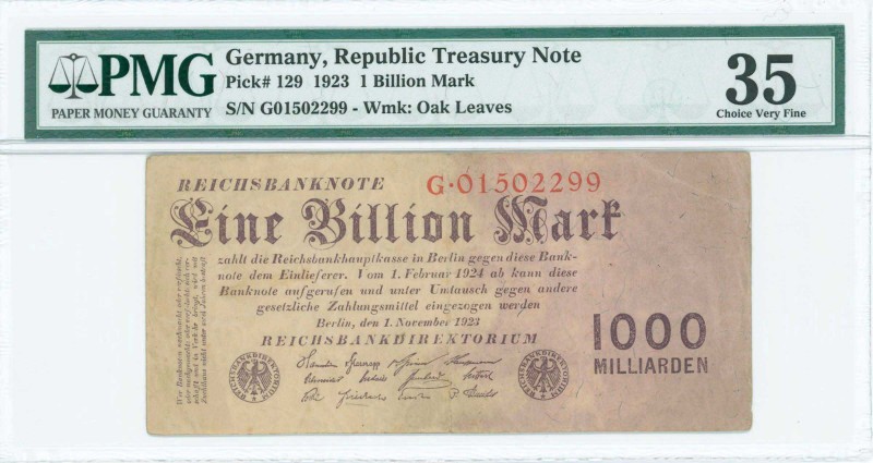 GERMANY: 1 Billion Mark (1.11.1923) in brown-violet, lilac tint at right. S/N: "...