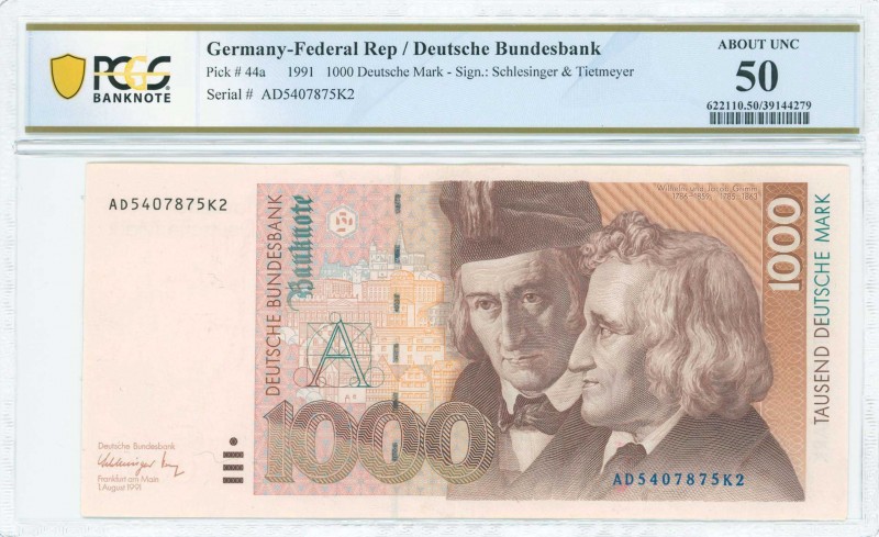 GERMANY / FEDERAL REPUBLIC: 1000 Deutsche Mark (1.8.1991) in deep brown-violet a...