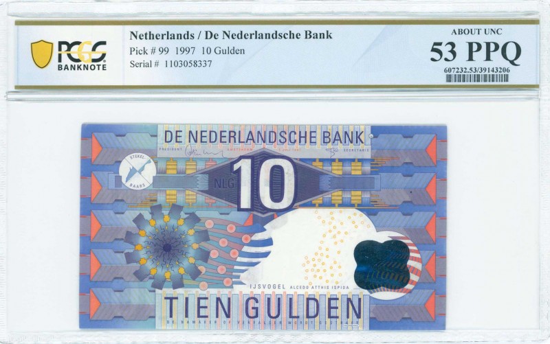 NETHERLANDS: 10 Gulden (1.7.1997) in purple and blue-violet on multicolor unpt w...