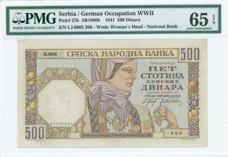 SERBIA: 500 Dinara (1.11.1941) in brown and multicolor with woman in national co...