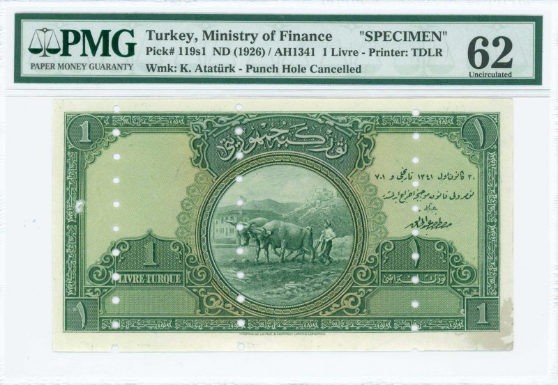 TURKEY: Specimen of 1 Livre (Law 1341 - ND 1926) in green with farmer with two o...