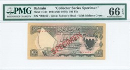 BAHRAIN: 100 Fils (ND 1978) in ochre on multicolor unpt with dhow at left and Arms at right. Diagonal red ovpt "SPECIMEN" at center. S/N: "*005752". W...