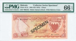 BAHRAIN: 1 Dinar (ND 1978) in broqnish red on multicolor unpt with dhow at left and Arms at right. Diagonal black ovpt "SPECIMEN" at center. S/N: "*00...
