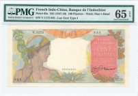 FRENCH INDOCHINA: 100 Piastres (ND 1947-49) in multicolor with Mercury at left. S/N: "V.1175 845". WMK: Mans Head. Type I Lao text on back. Inside hol...