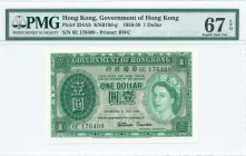 HONG KONG: 1 Dollar (1.7.1959) in dark green on multicolor unpt with portrait of Queen Elizabeth II at right. S/N: "6E 176409". Printed by BWC. Inside...