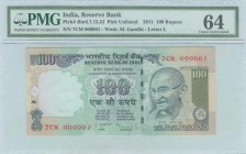 INDIA: 100 Rupees (2011) in multicolor with Gandhi at right. Low S/N: "7CM 000001". WMK: Gandhi. Inside holder by PMG "Choice Uncirculated 64". (Pick ...