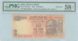 INDIA: 10 Rupees (2015) in orange with Ghandi at right. Solid S/N: "90R 888888" (Solid #8s). WMK: Gandhi and value "10". Inside holder by PMG "Choice ...