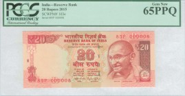 INDIA: 20 Rupees (2015) in orange and red-brown on multicolor unpt with Mahatma Gandhi at right. Low S/N: "85P 000008". WMK: Gandhi. Inside holder by ...