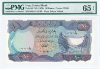 IRAQ: 10 Dinars (ND 1973) in purple and red-brown on blue and multicolor unpt with Dockdan dam at right. S/N: "683241 AY/67". WMK: Falcons Head. Print...