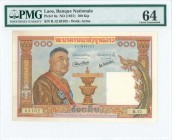 LAOS: 100 Kip (ND 1957) in brown and multicolor with Lao Tricephalic Elephant Amrs at upper center and King Vong at left. S/N: "B.12 63102". WMK: Tric...