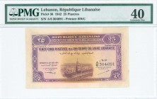 LEBANON: 25 Piastres (1.8.1942) in lilac and tan with Omayyad Mosque in Damascus at center. S/N: "A/6 304091". Printed by BWC. Inside holder by PMG "E...