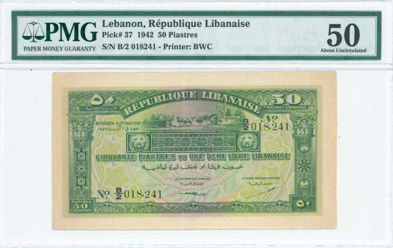 LEBANON: 50 Piastres (1.8.1942) in green and lilac with trees at top center and ...