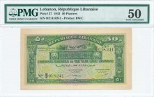 LEBANON: 50 Piastres (1.8.1942) in green and lilac with trees at top center and mosque with two minarets at right. S/N: "B/2 018241". Printed by BWC. ...