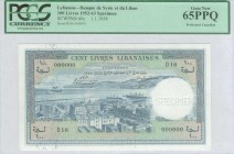 LEBANON: Specimen of 100 Livres (1.1.1958) in blue on multicolor unpt with view of Beirut and harbor. Perfin "SPECIMEN" at right. S/N: "D16 000000". W...